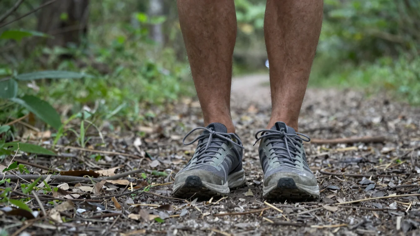 Close detail of running shoes laced on a forest path, soft natura
