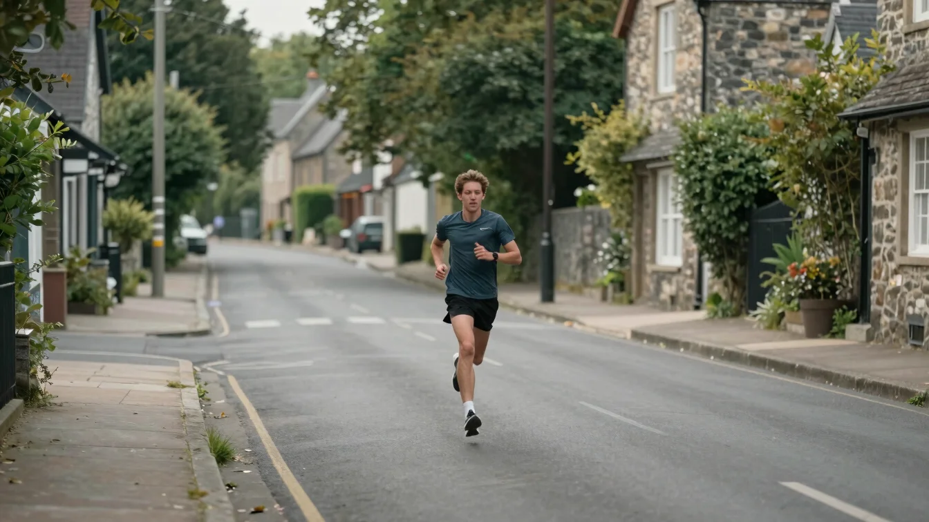 Runner mid-stride on a quiet town street lined with stone façades