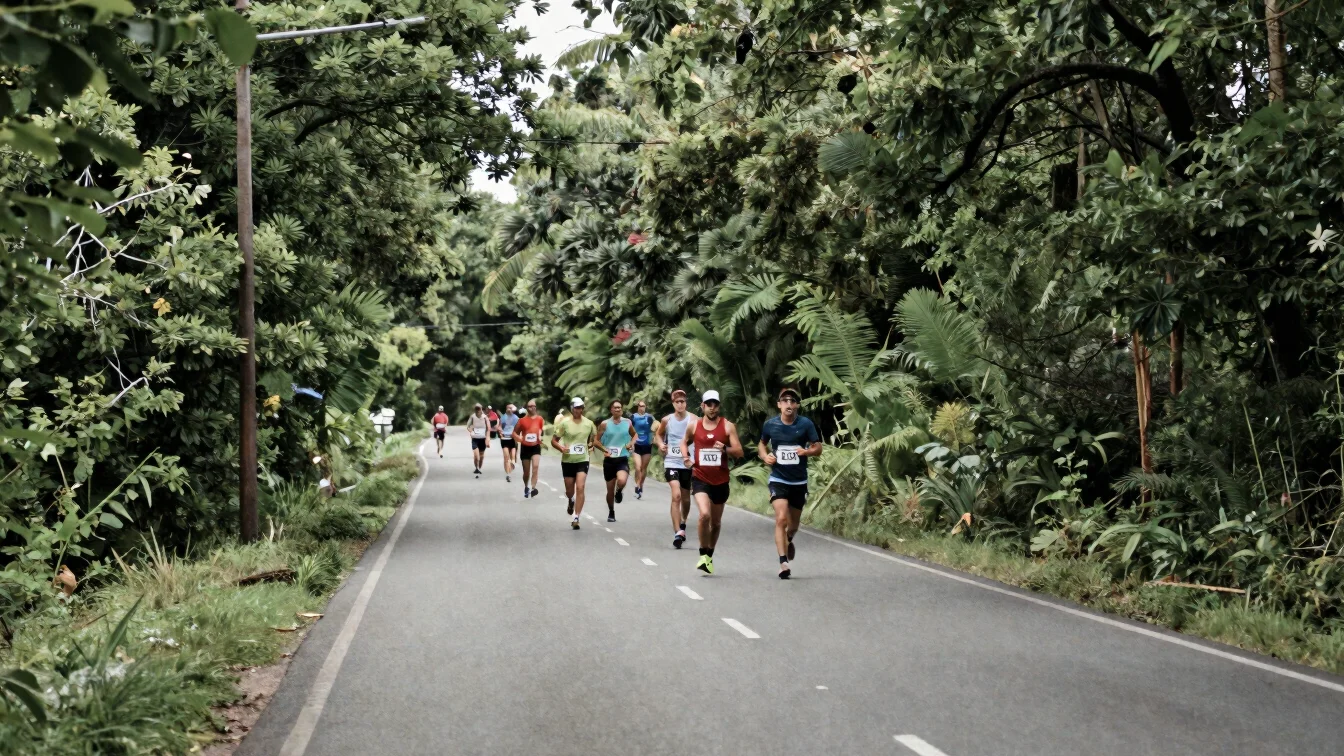 Road race scene with a small group of recreational runners on a t
