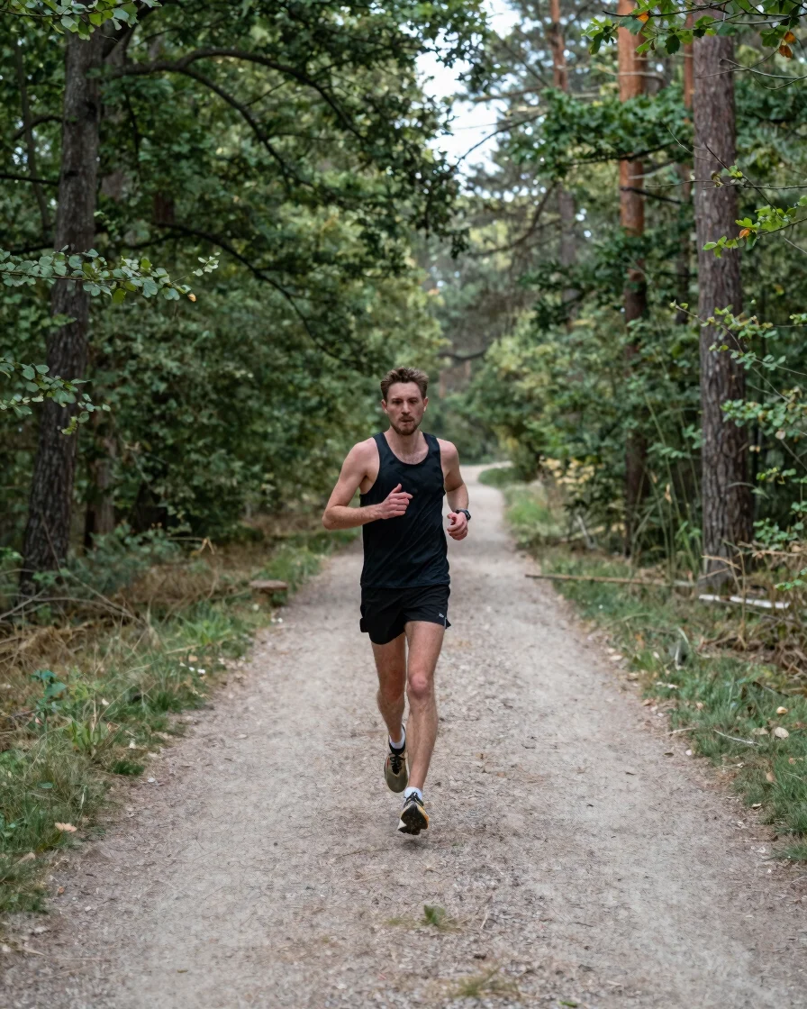 Realistic editorial photograph of a recreational runner walking and then easing into a light jog on a quiet forest path