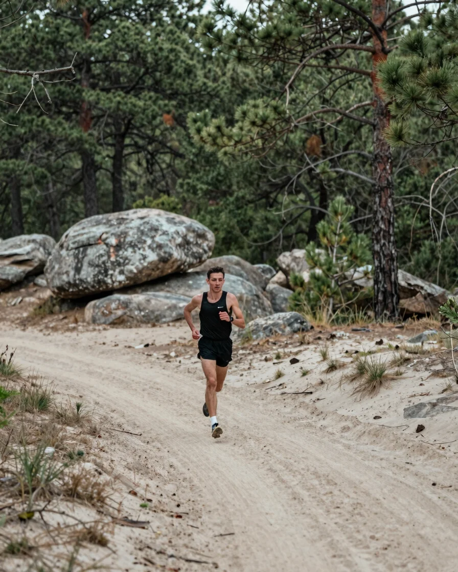 Realistic documentary photograph of a runner on a sandy pine-forest track in soft morning daylight, sandstone boulders v