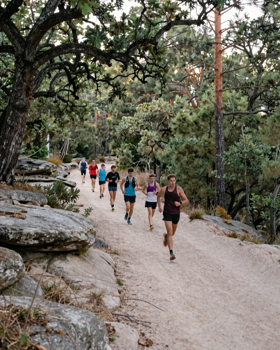 Documentary wide photograph of amateur runners on a forest trail